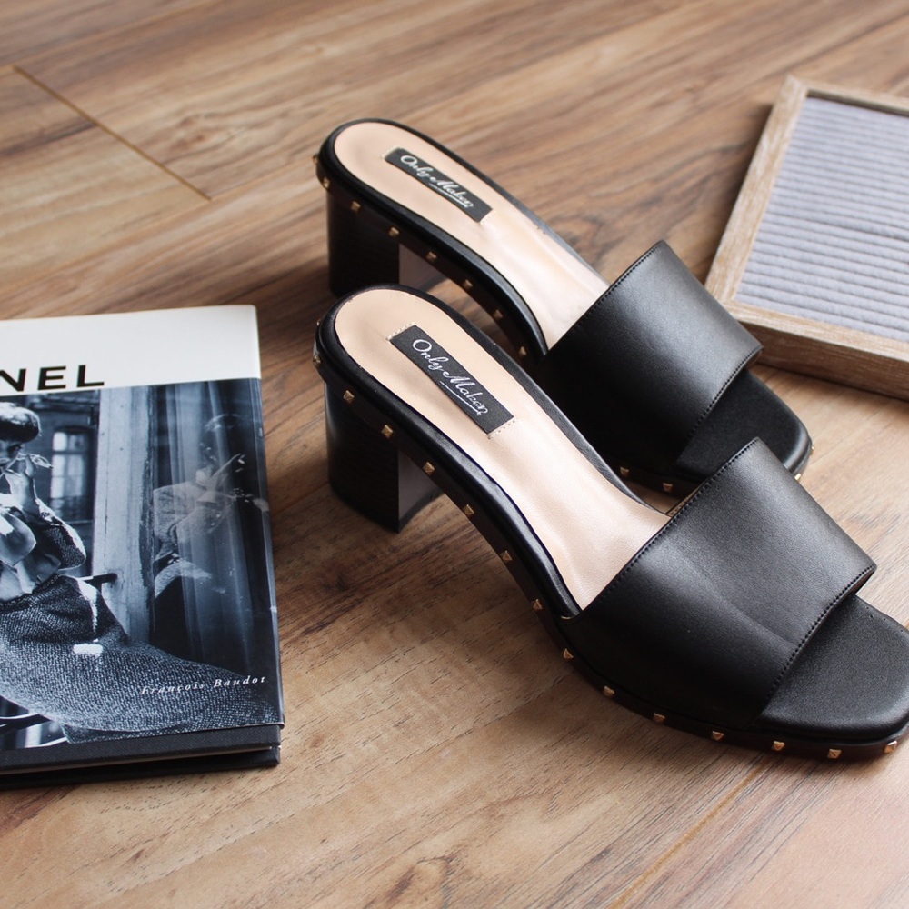 Only Maker black chunky heel sandals gold detail studs